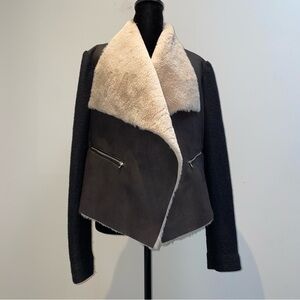 Zara Trafaluc Shearling Style Jacket Faux Fur Collar Wool Blend Large